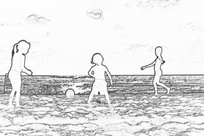 A black and white line art illustration of three children playing on the beach, one child is jumping in to water with ball while two other kids watch from shore. The style should be simple, focusing only on outlines without any shading or color details. Use minimal lines for each character's body shape and facial features, creating an abstract representation that captures their movement. Ensure there’s no background elements such as sand dunes, trees, clouds, sky, ocean, or waves.