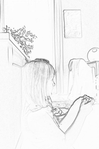 a rough pencil sketch of the back view of an adult woman with shoulder length straight hair sitting on her bed, she is playing video games and smiling at someone offscreen, in front of her there's a table that has some flowers inside it, a window can be seen behind her through which light shines into one corner of room, simple lines, simple drawing style, simple black ink on white background