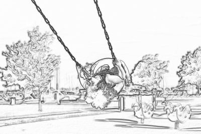 A coloring page of a child swinging on the playground in a cartoon style, with simple and smooth lines, a white background, and a black outline without shading or grayscale. The swing is hanging from an iron chain with fluffy cushions for comfort. In front of them lies a park filled with trees, grasses, flowers, statues, and play equipment, all captured in a wide-angle view. It's a sunny day with clear skies and a gentle breeze blowing through their hair as they smile while swaying back and forth.