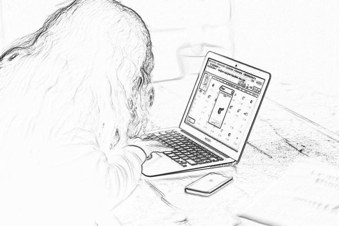 Black and white pencil sketch storyboard of a woman using a macbook laptop on a table. She is sitting in front of her computer with her head down playing a solitaire game. On top of the desk there is an iphone next to it. The focus point should be on the phone screen displaying a casual bubble tower mobile game with character animation. No background details, just lines.