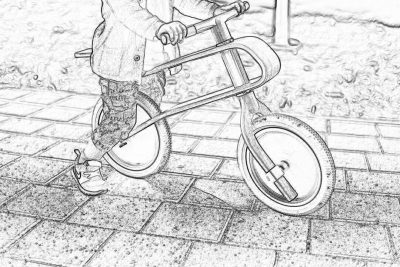 A child riding a unicycle on the sidewalk, coloring page for adults, thick lines, low detail, black and white, no shading, in the style of no artist.