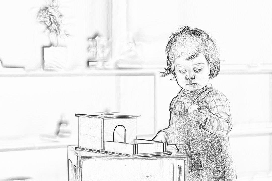 A sketch of an Asian toddler playing with wooden blocks in the kitchen, with soft lines and delicate shading capturing their innocence. The background is blurred to focus on her expression as she builds block houses or interacts with other toys. in the style of minimalist, coloring page black and white monochrome, high resolution, hyper realistic.