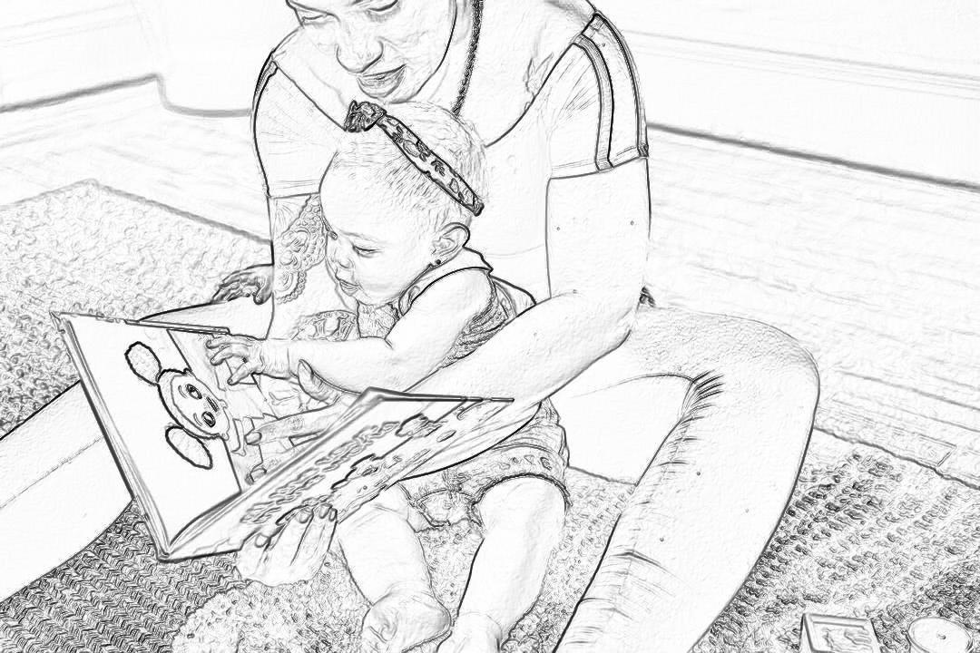 Black and white line drawing, mom reading to baby girl in her lap, coloring book style