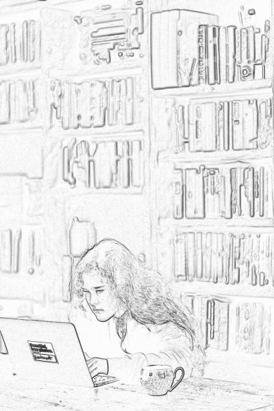 A girl with long curly hair sits at the table and works on her laptop, against the background of shelves filled with books. The drawing is made in pencil style, on white paper, with clear lines and details. In front there's an open coffee cup with hot tea inside. A simple yet realistic sketch that captures attention to detail. High resolution.