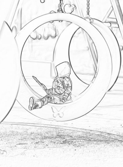 A little boy is sitting on the circular swing at an amusement park in winter, drawn in a coloring page style. Black and white lines only. The background behind his feet must be white. He has long hair. There should not be any shadows or shading around him to highlight each element clearly. His hands hang down by his side as he leans back into action. A butterfly flits past beside him. The drawing includes a full body portrait of the character in a cartoon style.