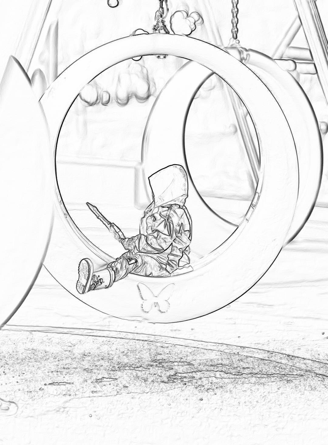 A little boy is sitting on the circular swing at an amusement park in winter, drawn in a coloring page style. Black and white lines only. The background behind his feet must be white. He has long hair. There should not be any shadows or shading around him to highlight each element clearly. His hands hang down by his side as he leans back into action. A butterfly flits past beside him. The drawing includes a full body portrait of the character in a cartoon style.