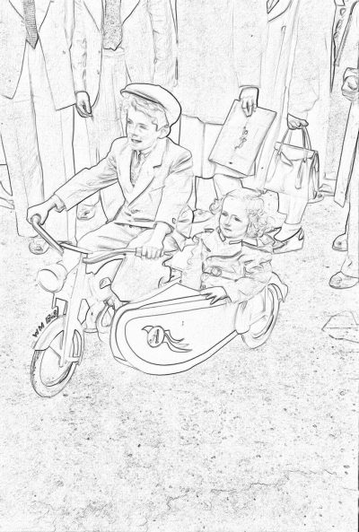 A coloring page of two children in suits sitting on the sidecar and riding their father's small bike, holding shopping bags at an outdoor market. Clean black lines, white background, low detail, no shading, wide angle. The image is drawn in the style of simple clean lines with no shading or details.