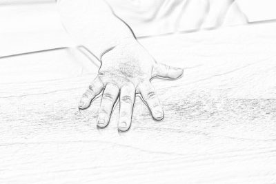 A hand on the table, monochrome pencil drawing in the style of vector art, white background, flat illustration, simple lines, full body shot, closeup of hands and fingers, wood grain texture background, clean and simple composition, high contrast, low saturation colors, clear details, natural light, soft shadows.