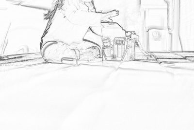 A rough pencil sketch of the back view of an adult female character sitting at her desk in bed, with multiple items on it including bottles, cans, a book, digital drawing tablet, hairbrushes and headscarf scattered around. The background is a simple bedroom setting. The focus should be on capturing details like textures for each object on the table, creating depth to bring out their unique features. The overall mood would convey warmth and friendliness, as if she's just waking up or getting ready. The sketch is in the style of capturing realistic details and textures.