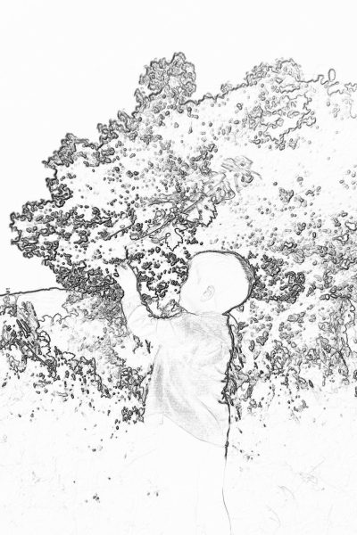 Black and white line drawing, high contrast, sketch style, cartoon baby playing in the park with trees, full body portrait, high definition, high resolution, white background, simple lines, high detail, high quality, high noise, high detail,