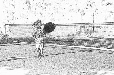 Black and white storyboard line rough sketch, simple pencil drawing of A young girl playing tennis on the court with her racket in hand. The scene is captured from behind as she stands at one end of the net waiting for the ball to be served by an adult player across it.