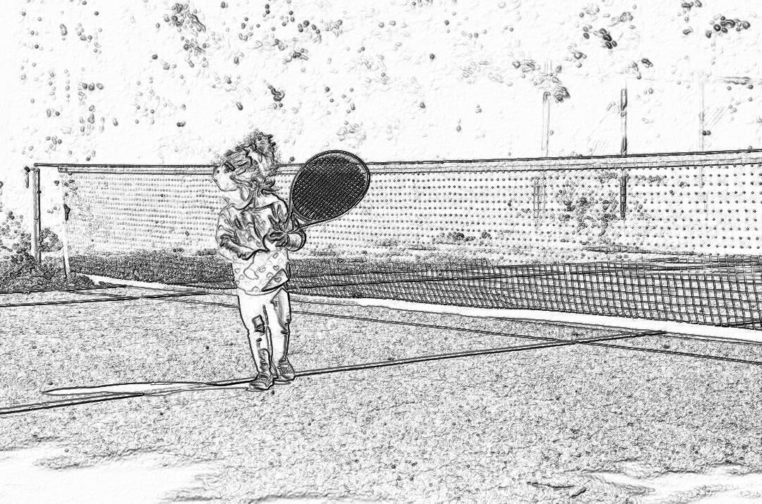 Black and white storyboard line rough sketch, simple pencil drawing of A young girl playing tennis on the court with her racket in hand. The scene is captured from behind as she stands at one end of the net waiting for the ball to be served by an adult player across it.