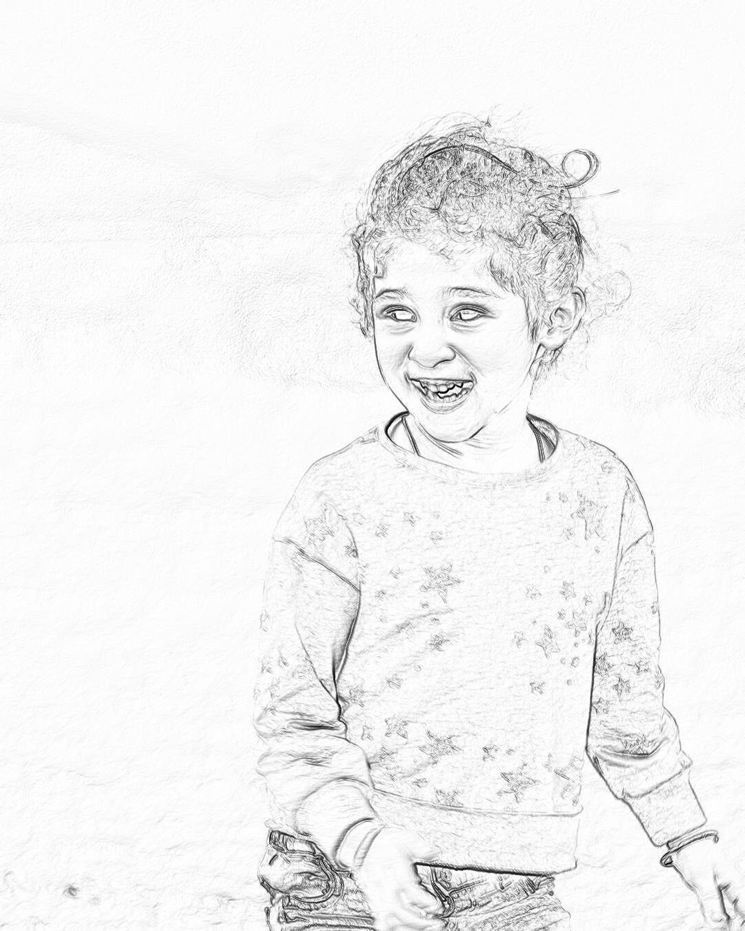 A cute little girl smiling, wearing jeans and long sleeves with stars on them. She is standing in front of the camera. The background has been drawn out to show white space around her. Sketch style. Black pencil drawing. No shadows or color. Full body portrait. Portrait shot. White paper texture.