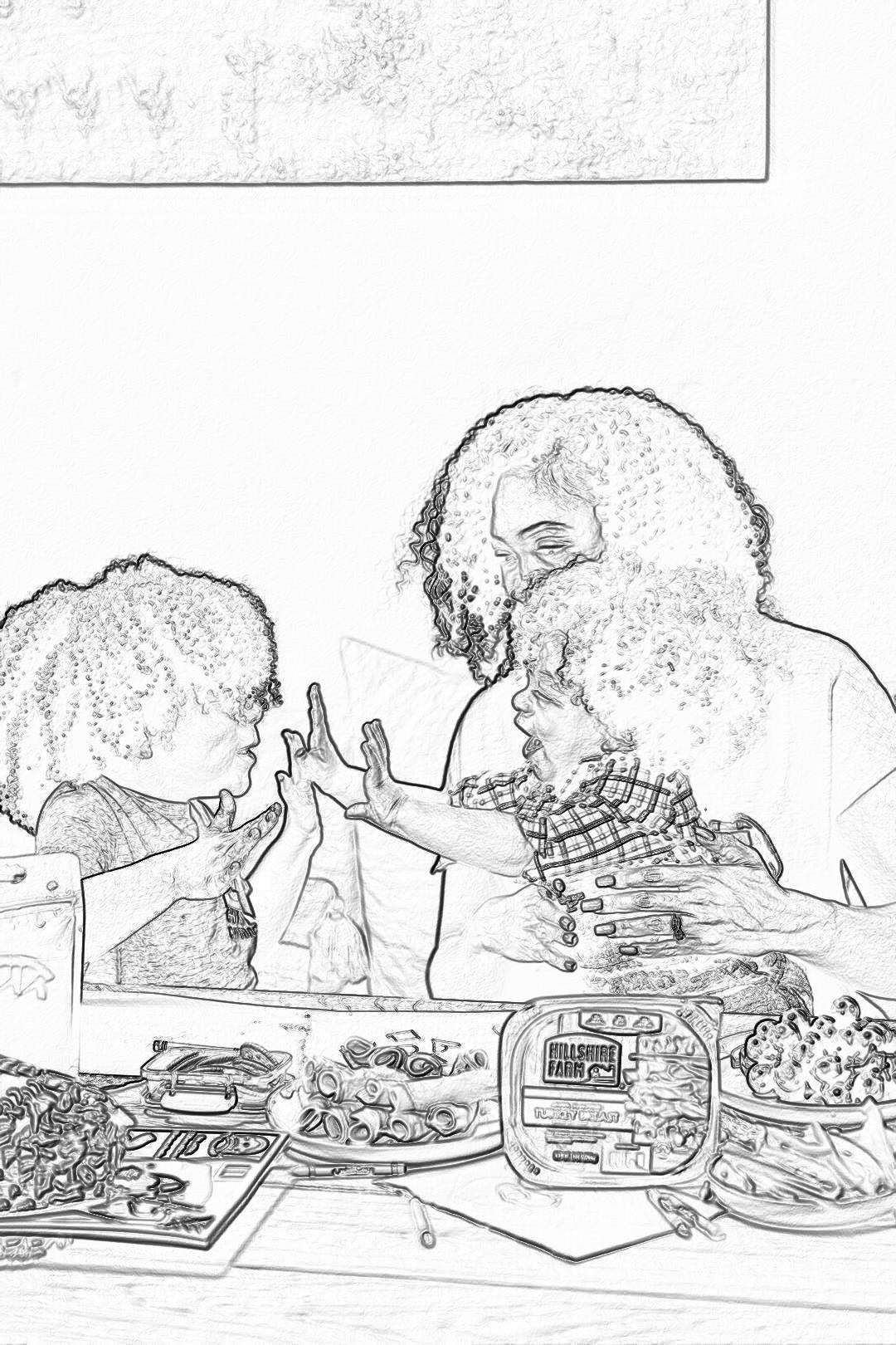 A black woman and her child having dinner at the table, with various pieces of food on it. The girl is holding up one piece to show how much she wants some more. Coloring page style. Black lines white background. No shading. in the style of [Robert Crumb](https://goo.gl/search?artist%20Robert%20Crumb). in the style of [Moebius](https://goo.gl/search?artist%20Moebius).