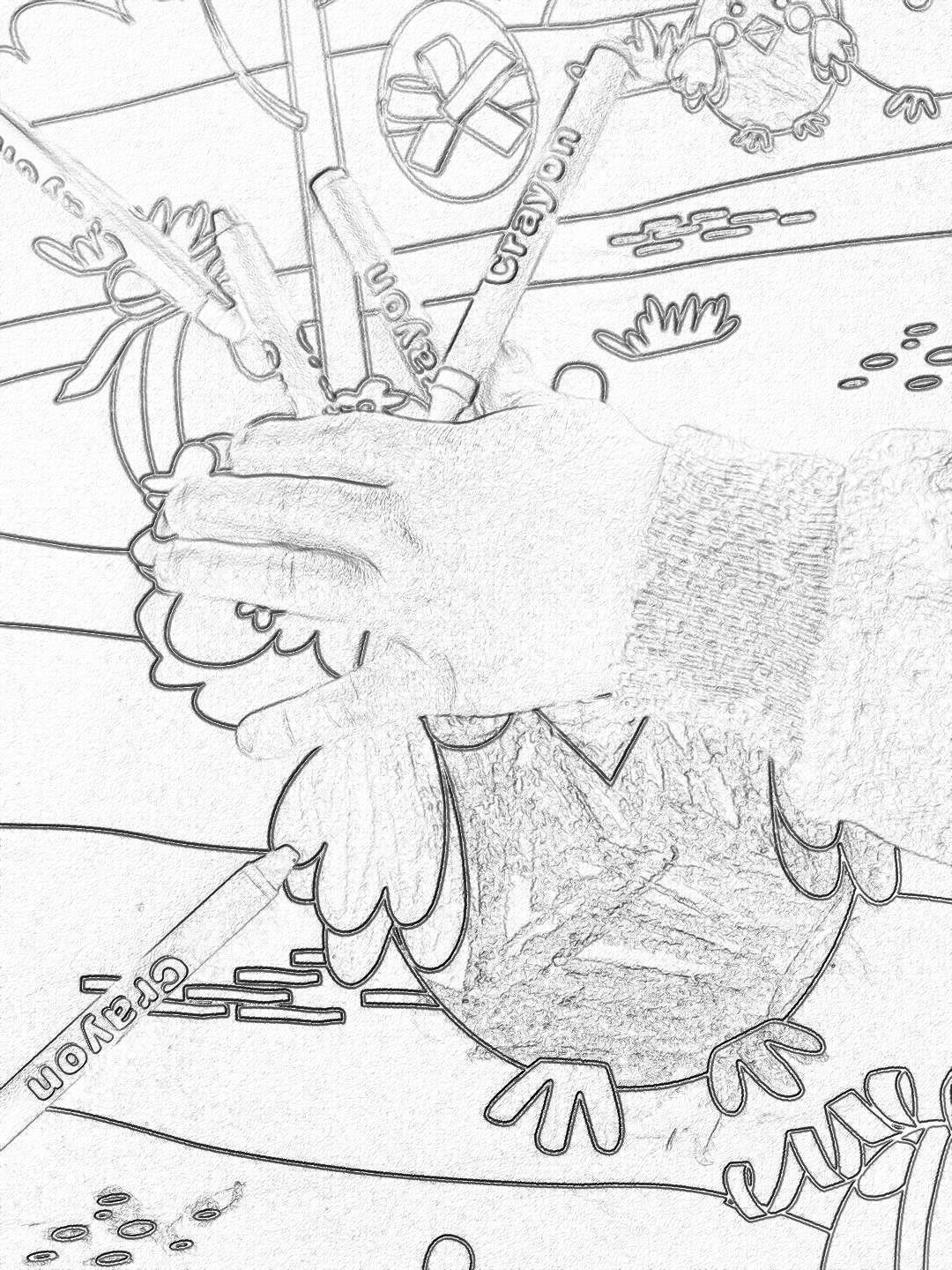 coloring page for kids, closeup view of chicken foot on table with sports elements in the background, in the style of cartoon, thick lines, low details no shading