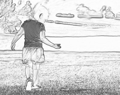 Black and white line drawing in the style of a sketch, with pencil drawn lines depicting a young boy playing on the beach with his back to us. He is wearing shorts and a striped t-shirt, with long blonde hair in pigtails. The boy is holding his hands out towards the camera as if he is about ready to give someone something or show them an object. A few small clouds are floating above him in the sky, with a large flat grassy field stretching into the distance.