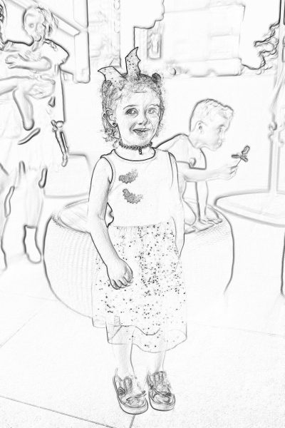 A cute little girl dressed in party , standing on the floor of an amusement park and smiling at the camera, in the style of a children's drawing, line art, coloring page for kids, black & white, no shading, flat design, simple lines, thick outline, 2D, 30% solid block color, background is blurred out to make it easy to cut out, many other people playing around her.