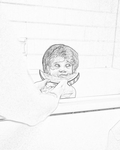 A black and white drawing of an adorable baby in the bathtub, with his mom's hand holding him up to look at something outside the tub. Simple lines in the style of a pencil sketch.