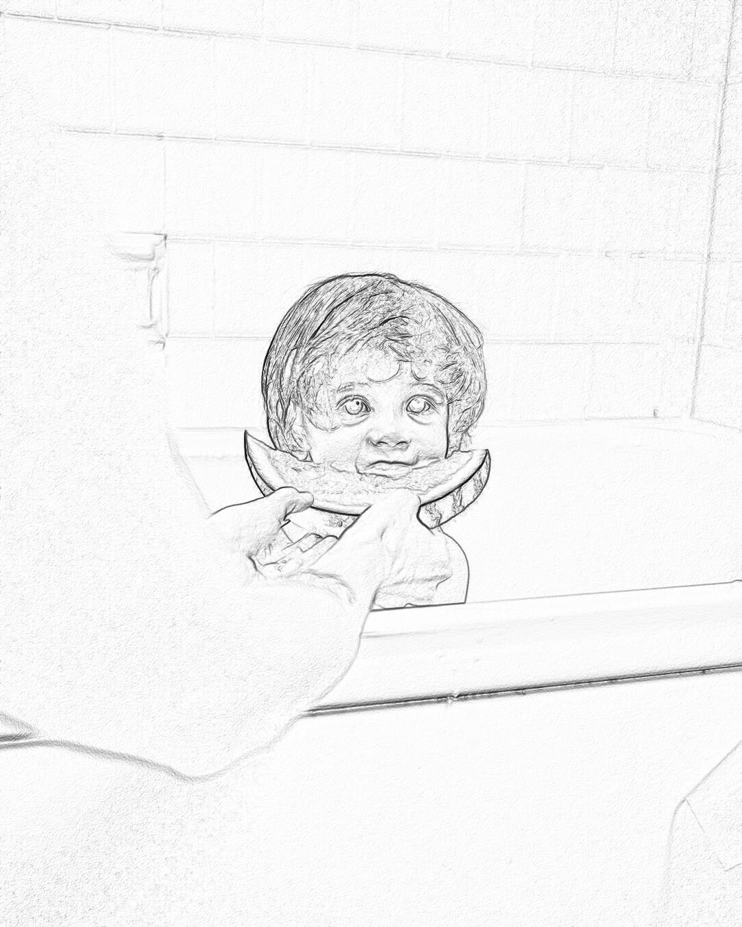 A black and white drawing of an adorable baby in the bathtub, with his mom’s hand holding him up to look at something outside the tub. Simple lines in the style of a pencil sketch.