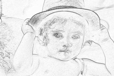 Black and white pencil sketch of a baby boy wearing a hat, close up portrait done in the style of a coloring page.