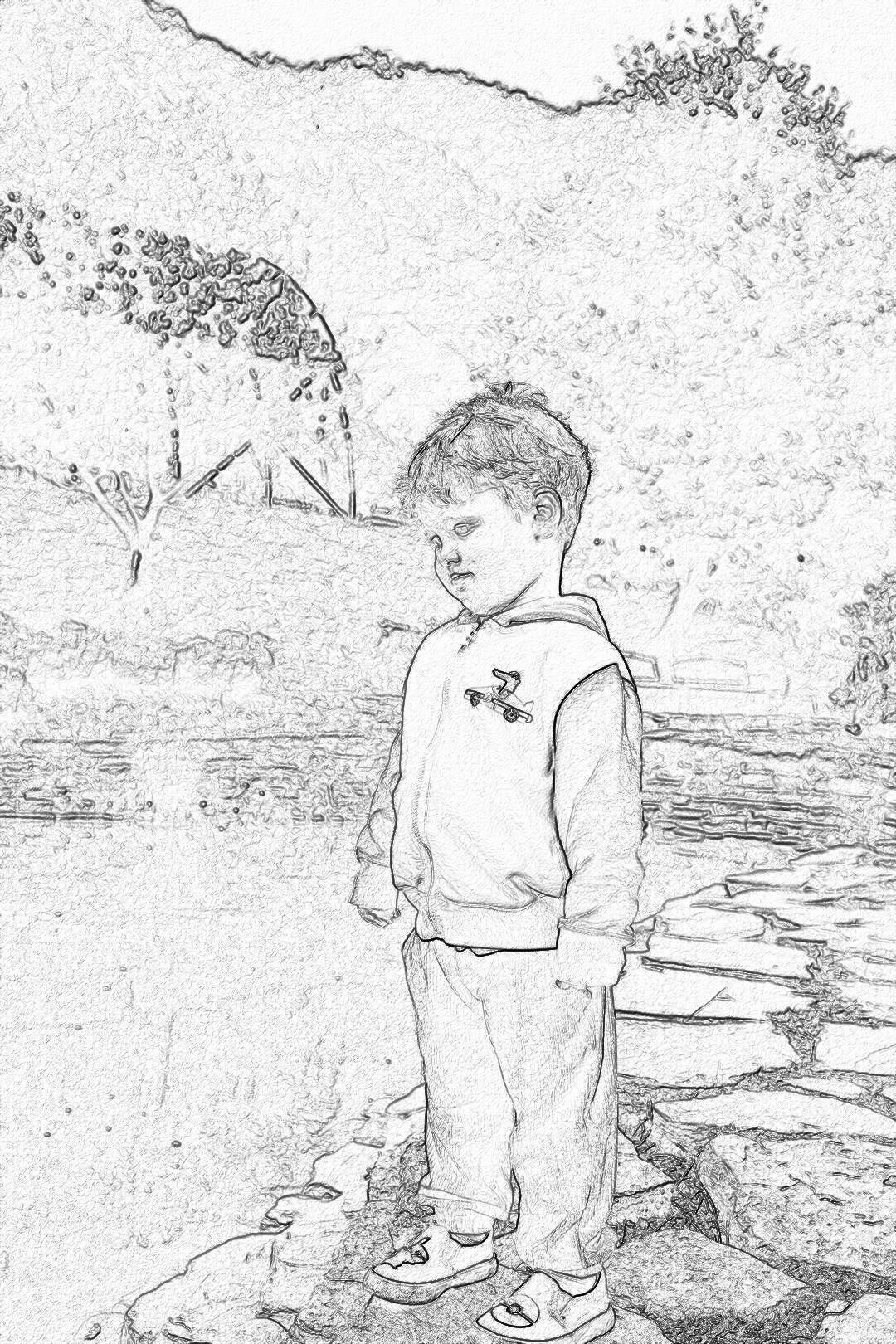 A little boy standing on a stone path in front of a river, wearing a white tracksuit and sneakers with short hair. The background has trees with a simple design. The pencil sketch style uses black lines on white paper with a low detail coloring page for kids. The simple illustration is in the style of a simple art.