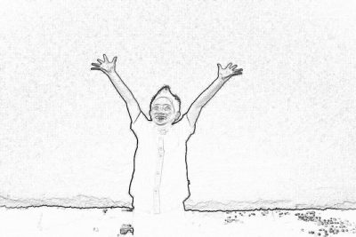 A simple line drawing of an Asian woman standing with her arms raised in joy, smiling against the background of a white wall. The sketch should capture her happy expression and joyful pose, focusing on clarity over detail to convey the positive mood. It's designed as part of coloring pages for children aged five or six years old. No color just black lines.