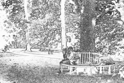 A black and white pencil sketch storyboard style of A couple sitting on the bench in an English park, surrounded by trees with a tree trunk behind them. The woman is holding her head while she reads something from his phone. There's no text or letters visible in any part of their scene. They both have long hair. It’s spring time. No background details. High detail.