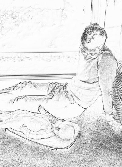 black and white storyboard sketch of mother doing first aid to her son who is lying on the floor, his head tilted back in pain , there's an ice pack next to him, in living room