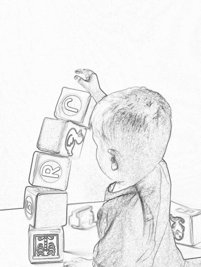 A baby playing with blocks, in a simple pencil sketch style using simple lines and shapes for the toddler to color in. The focus is on the toy block that has letters on it. White background. No shading or texture. In the style of J interaction designed by Sinafl_ASMR2DZM83S.