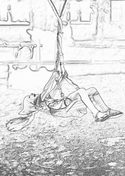 A girl hanging from a rope, laying down in the street with her legs up high in the air, a full body, simple black and white pencil drawing in the style of simple lines with low detail and no shading in a coloring page style.