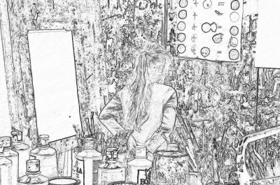 Black and white line drawing of an artist's studio with paintbrushes, tubes of oil paints, canvas cluttered on the wall behind her. She is sitting at a desk surrounded by various scientific equipment such as test tube vials and beakers. The room has elements of both art and science, creating a creative atmosphere. Her hair was long and straight in a messy bun. It’s a simple sketch without any shading or color, focusing solely on lines to capture details and depth. in the style of v5.2