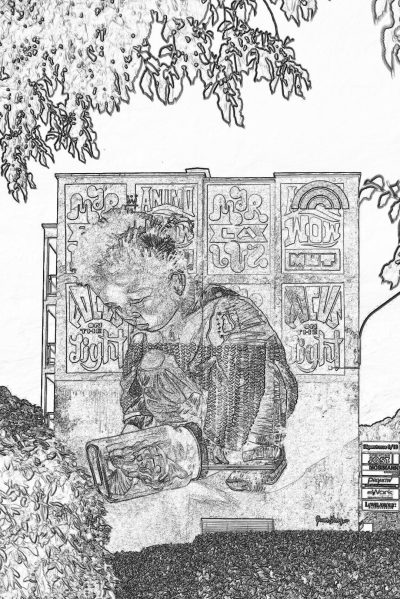 coloring page, low detail black and white drawing of a sad little boy sitting on the edge of an old decorated casket with the name "midst" written in very large letters on it, outside under trees, in front of his grave, only use outline no color, with text "in the style of WOW! IVECTORSS." on top of his head. Black and white line art coloring book page for kids age 2-4, thick lines, simple cartoon style, high contrast, white background, low details, no shading, clean smooth edges, 8k.