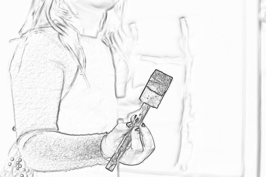 A woman holding a paintbrush, drawing a house wall in the style of a pencil sketch. The background is white and simple. There is no text or other elements on the page. It captures her focused expression while painting with details of brush strokes. Her hair adds to the scene as she paints. This illustration highlights creativity and skill in home decoration using pencils. No color, adult coloring book, black outline isolated on white, perfect for a cover photo.