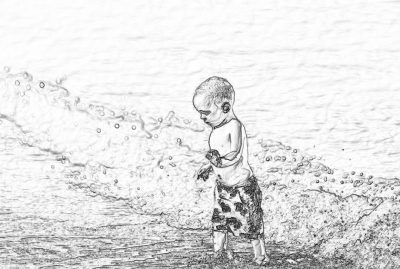 A little boy is playing on the beach, splashing water with his feet in pencil drawing style. The background features gentle waves and sandy beaches, creating an atmosphere of joyous playfulness. Black and white sketch lines with detailed textures capture every detail of their joyful expressions and movements.,,in