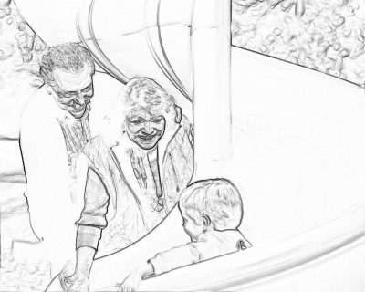 Black and white line drawing of an elderly woman smiling at her grandchild as they play on the slide together. A young man watches them from behind. The background features soft lines to highlight their interaction with each other. It captures warm moments between generations in the style of a pencil sketch. No color, with realistic details, lively facial expressions, and a simple coloring page for kids.