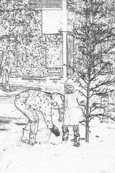 A small snowman and an elephant building their own tiny tree in the courtyard of another house, children's drawing style, simple lines, crayon outline, simple details, black ink on white paper background. by [Hergé](https://goo.gl/search?artist%20Herg%C3%A9) comic books. A light grayscale coloring page with bright colors for kids. It features a full body shot, a little girl playing at making her very first snow angel, with simple line art as well as flat design, minimalistic illustration inspired by Ryo Takemasa, [Jon Klassen](https://goo.gl/search?artist%20Jon%20Klassen), [Eric Carle](https://goo.gl/search?artist%20Eric%20Carle).