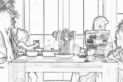 A black and white line drawing of a family sitting at a table eating breakfast, with one person holding up an unzipped bag of whole grain bread in their hand. The background is a kitchen with large windows. In the front there is a wooden dining room table with plates on it and some flowers on top. There should be no shadows or shading to make coloring easy. It must look like something that could go into a children's book. Add a lot of detail so kids can color well. No text.