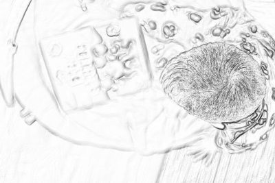 pencil drawing sketch of an old cell phone laying on its back, next to it is the outline of a round dog bed with a soft blanket on top, and bubbles floating in air around them. The view from above shows only parts of their bodies, focusing attention on details like fur texture or facial features. pencil lines should be clean and sharp, with no shading for depth. The background can include minimal elements such as water ripples or light reflections on glass surfaces.