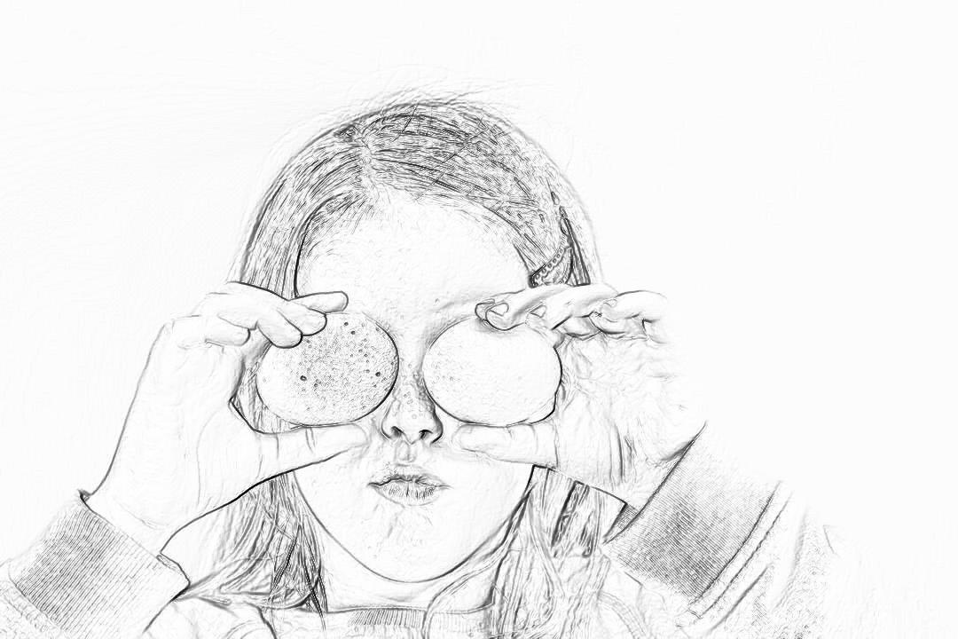 A girl holding two cookies in front of her eyes, one on each lens, making glasses with them. Black and white pencil drawing style. The background is pure white. No other elements were added to the picture.,,,in