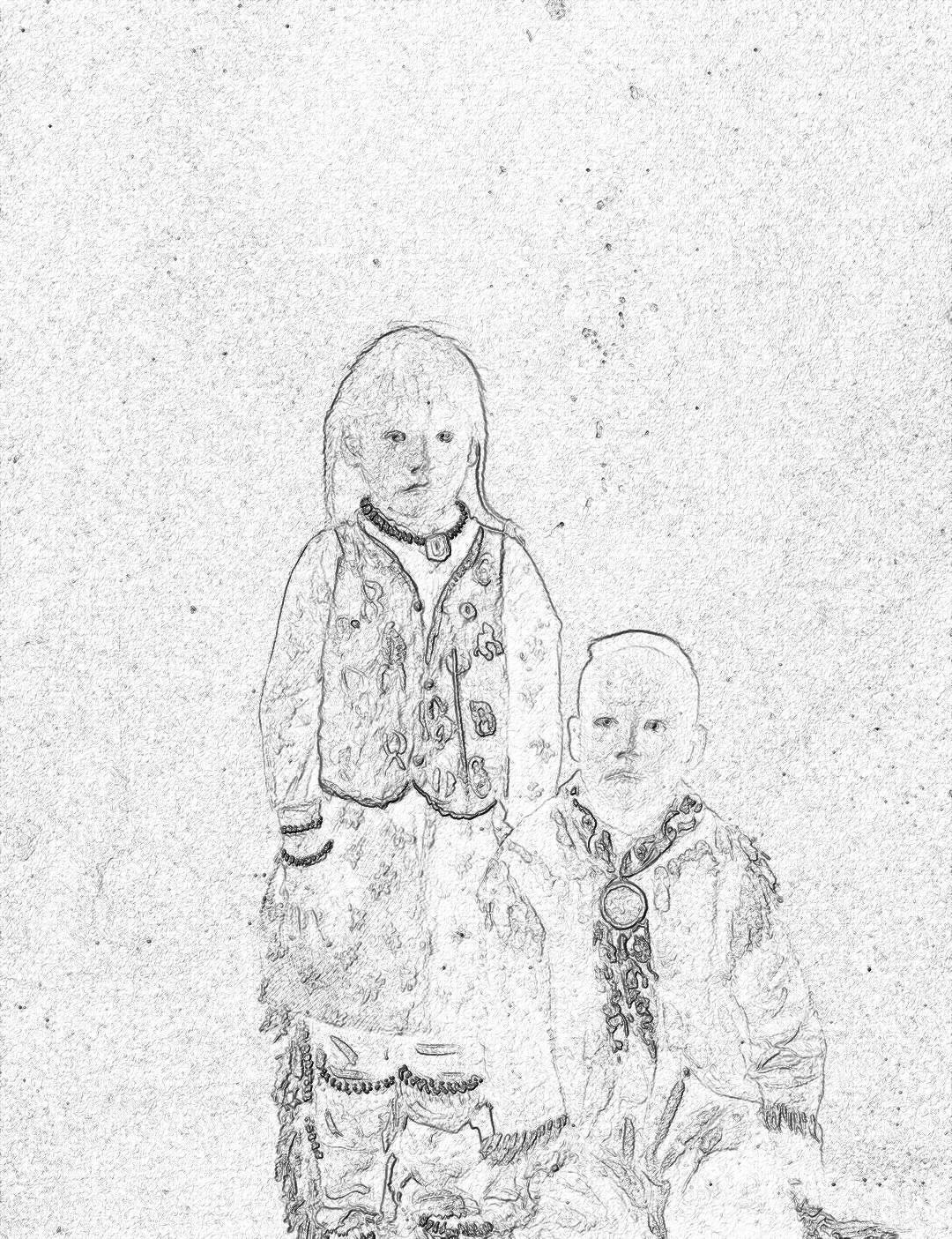 A simple sketch of two children, one with long hair and the other bald wearing traditional  from ancient Rome. The background is white. Simple lines, low detail, with no shading, suitable for coloring pages. In the style of minimalist style, pencil drawing.