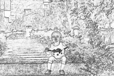 A cute baby wearing sportswear is sitting on the steps in front of an ancient garden, drawing black and white lines for coloring. The background features exquisite details and clear contours. It has been drawn with pencil outlines and in the style of handdrawn.