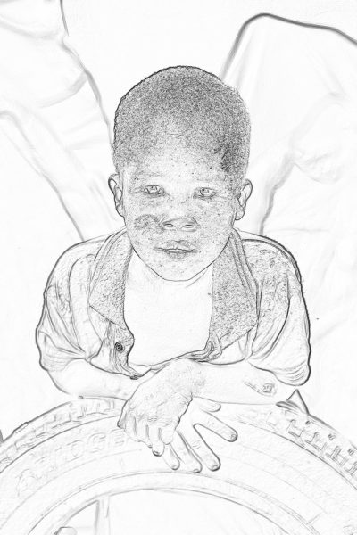 Black and white line drawing in the style of pencil, African boy playing with car tires in the background of a simple bedroom with white walls, high quality, high resolution portrait of just the boy's head, smiling at the camera while wearing a white t-shirt on top of a jacket with thin lines. The girl lies flat to color with no shadows or shading, just outlines. A single line art drawing of an African American child playing inside his room, holding up two small toy wheels from a tire with high detail.