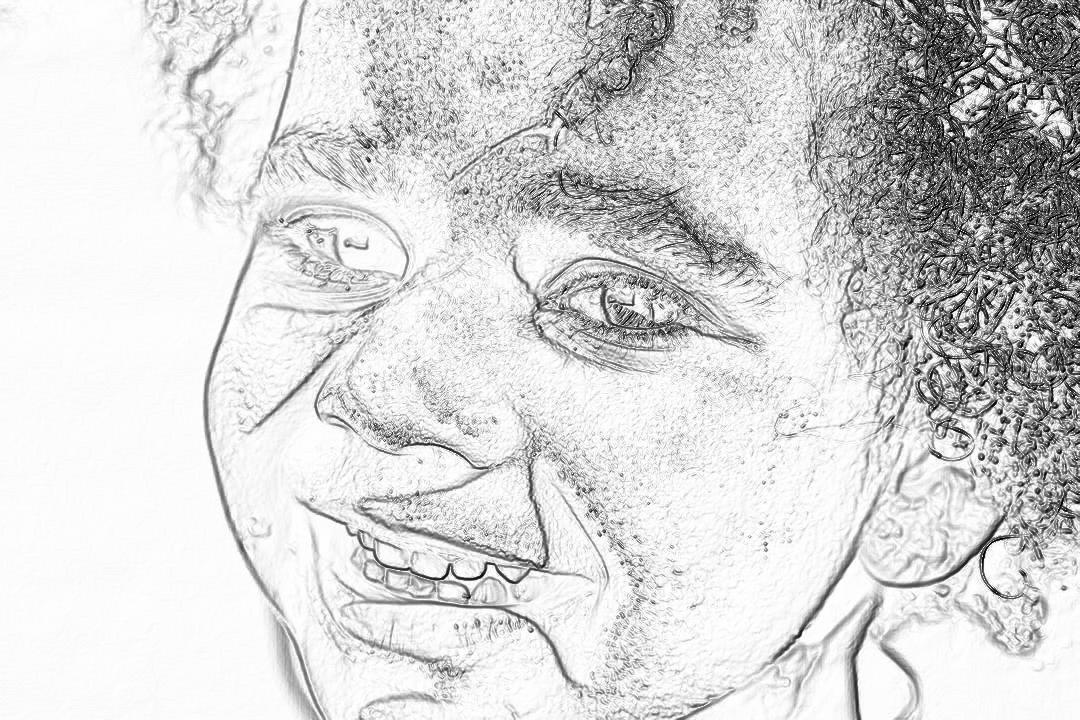 A simple, black and white pencil sketch of an African American woman with short curly hair smiling slightly at the camera. The drawing is drawn in very thick lines, making it look like a child’s drawing or doodle. It should have no shading, and only use one line for each facial feature to make them all uniform in thickness. Her eyes appear open wide and her mouth closed as if she was speaking. She has visible teeth in her smile. White background. No text on page.