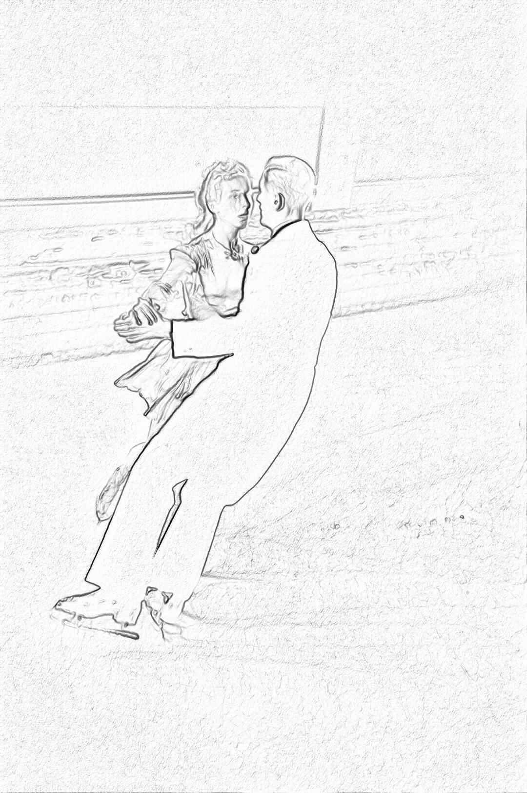 simple pencil sketch, black and white on paper, line drawing of an old man in suit dancing with his wife at the beach in the style of the boardwalk.