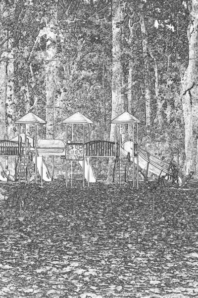 Black and white pencil sketch of playground equipment on the shore of Lake Wallenmaier, lakeside park in!" style raw