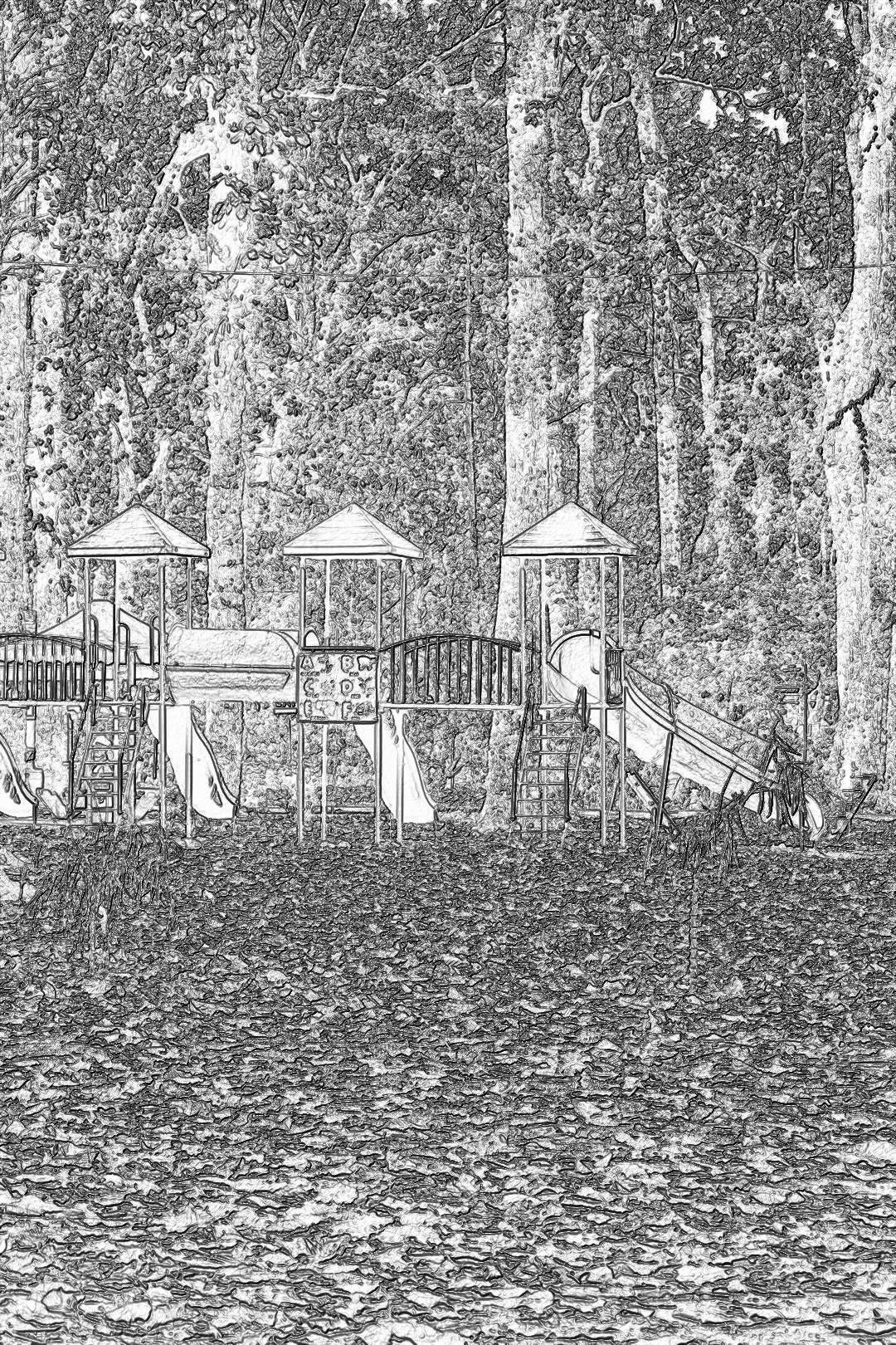 Black and white pencil sketch of playground equipment on the shore of Lake Wallenmaier, lakeside park in!” style raw