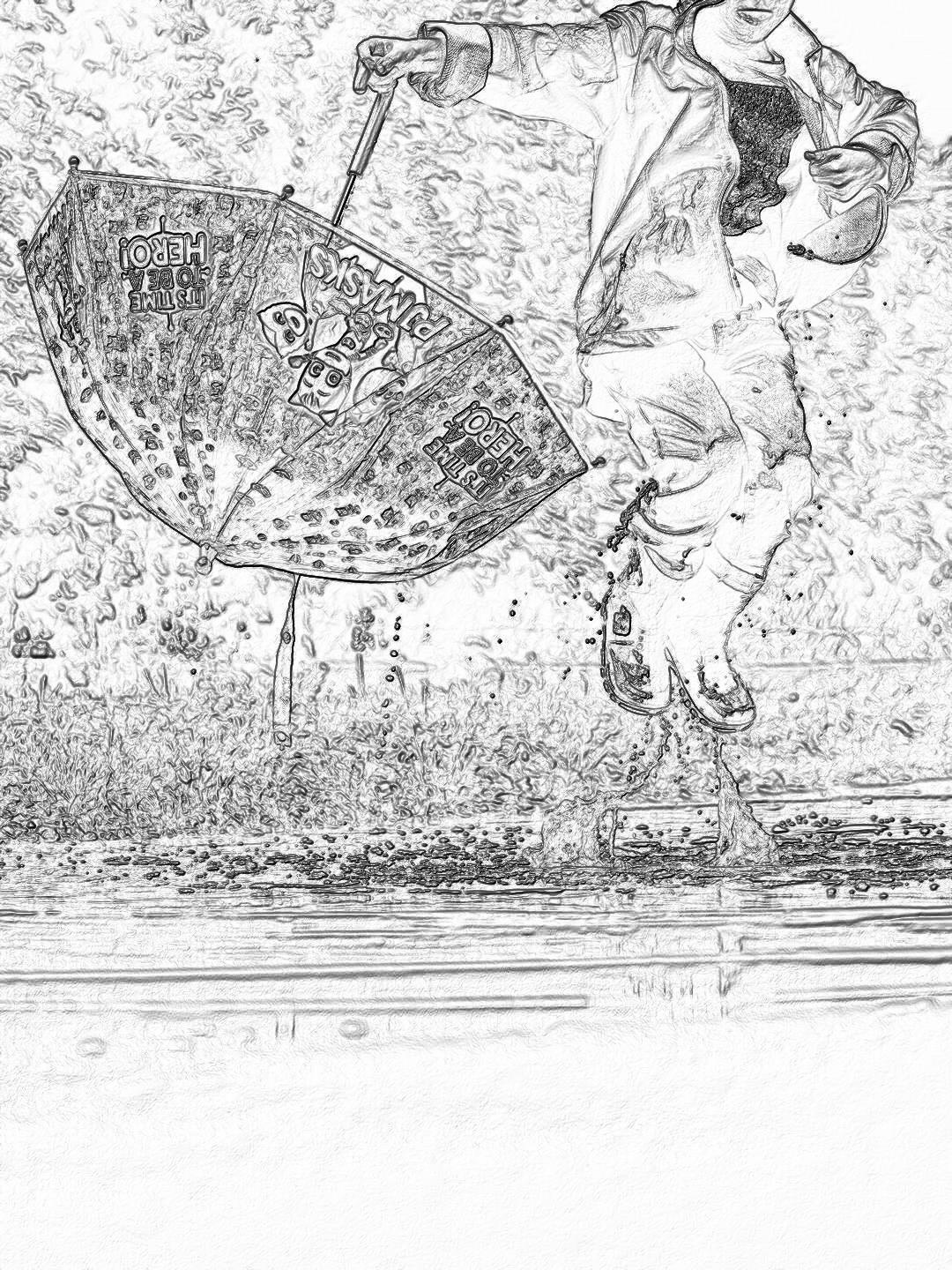 Sketch of a man with an umbrella jumping into a puddle, in the style of J.C Leyendecker and a t-shirt design with a white background, an epic and detailed monochrome pencil drawing with intricate fine details on the face and ambient occlusion for a hyperrealistic style.