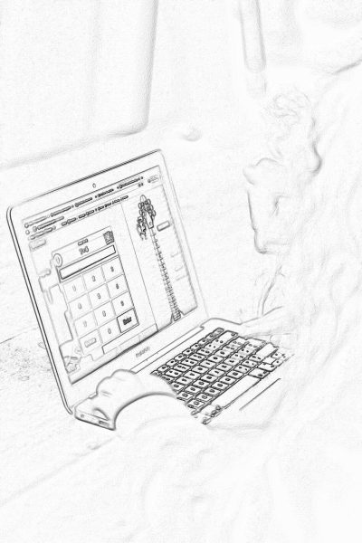 A pencil drawing of an open MacBook Pro laying on the bed, the screen shows a web page with a huge white calendar and large black numbers in a grid like that used to create a lunar calendar. A kid's hand is typing at the keyboard. The background is a simple pencil sketch of sand. A black ink drawing on light gray paper in the style of a minimalist aesthetic.