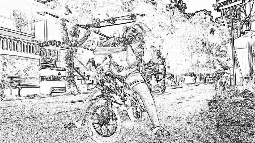 Black and white line drawing of Thai teen boy on his bike throwing sand flying at the camera, background is rural street in Thailand with old school buildings. The scene captures dynamic movement as he rides through an urban area. by minimalist style, coloring page black and white clean art sketch bold lines