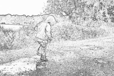 Black and white pencil sketch storyboard of little girl wearing rain boots, playing in the garden on rainy day. She is standing by her toy car parked at an angle next to patchy grass with trees visible behind it. The focus should be on capturing the moment when she jumps into puddles created from pouring water over herself. Sketch style with low detail.